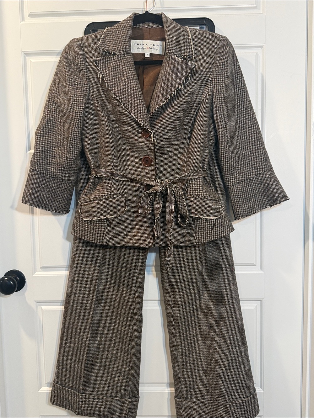 Vintage Tweed Trina Turk size 4 belted jacket size 2 cuffed trouser pants